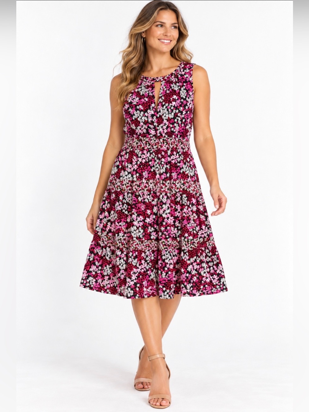 MICHAEL Michael Kors Floral Keyhole Tiered Dress Pink XL